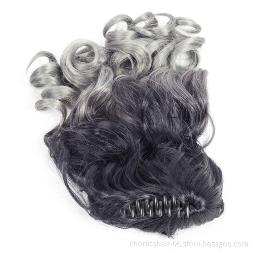 Wholesale Grey Curl Natural Wave Claw-Clip Drawstring Ponytail Extension Hairpiece Synthetic Hair Ponytails For Women Girl